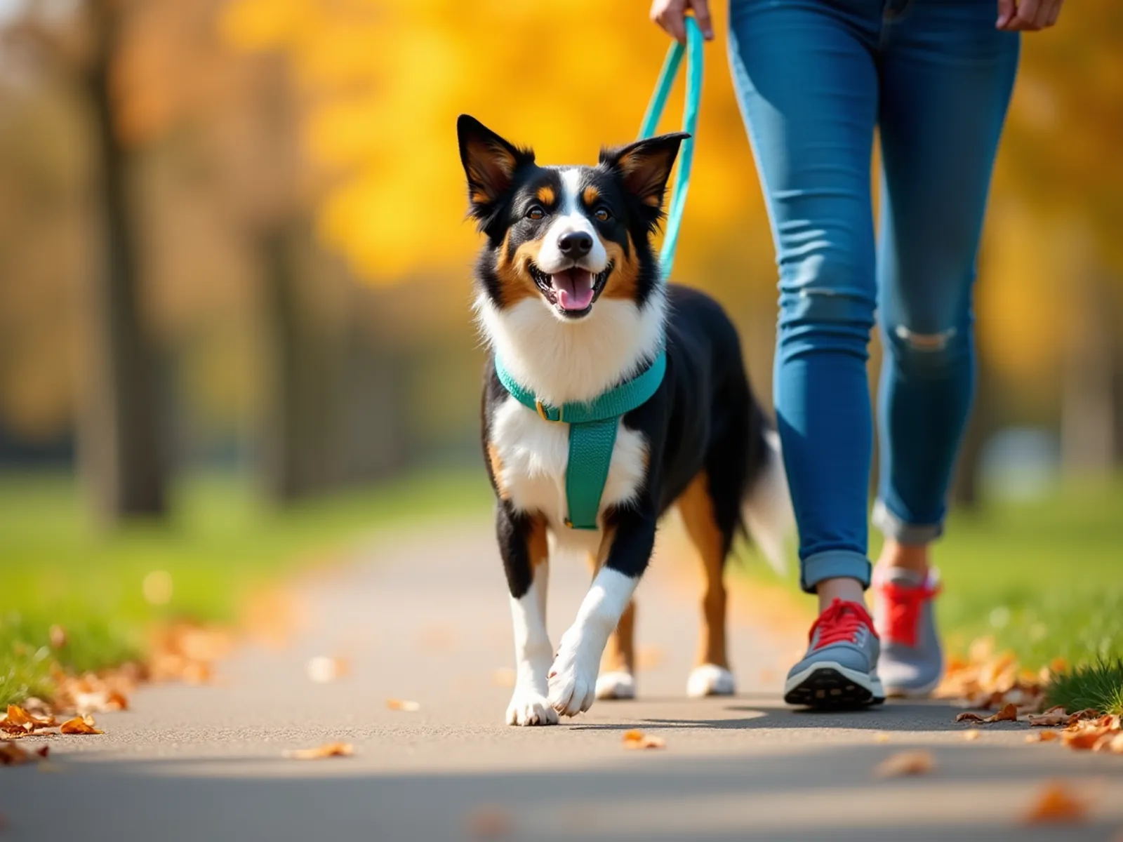 A smiling border collie in a teal harness walking calmly beside a person on an autumn park path.