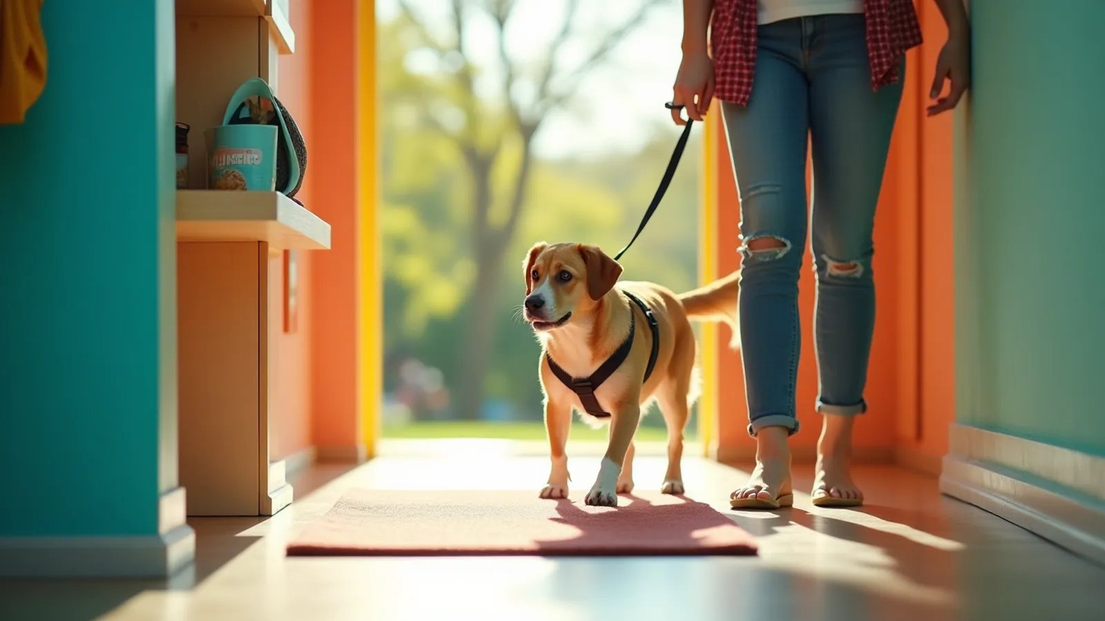 A hand gestures toward a mat as a dog watches, showing the ask cue in training.