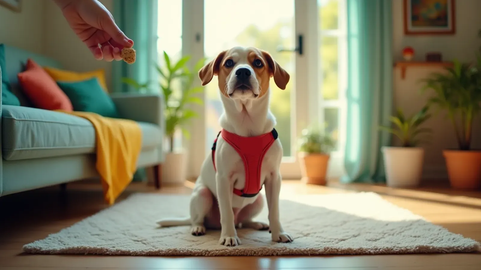 A dog waits on a mat as a hand rewards four paws on the floor.