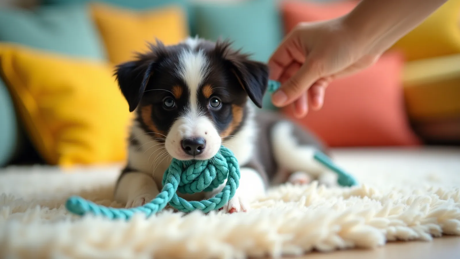To stop puppy biting, a black-and-white puppy chews a teal rope toy held by a hand