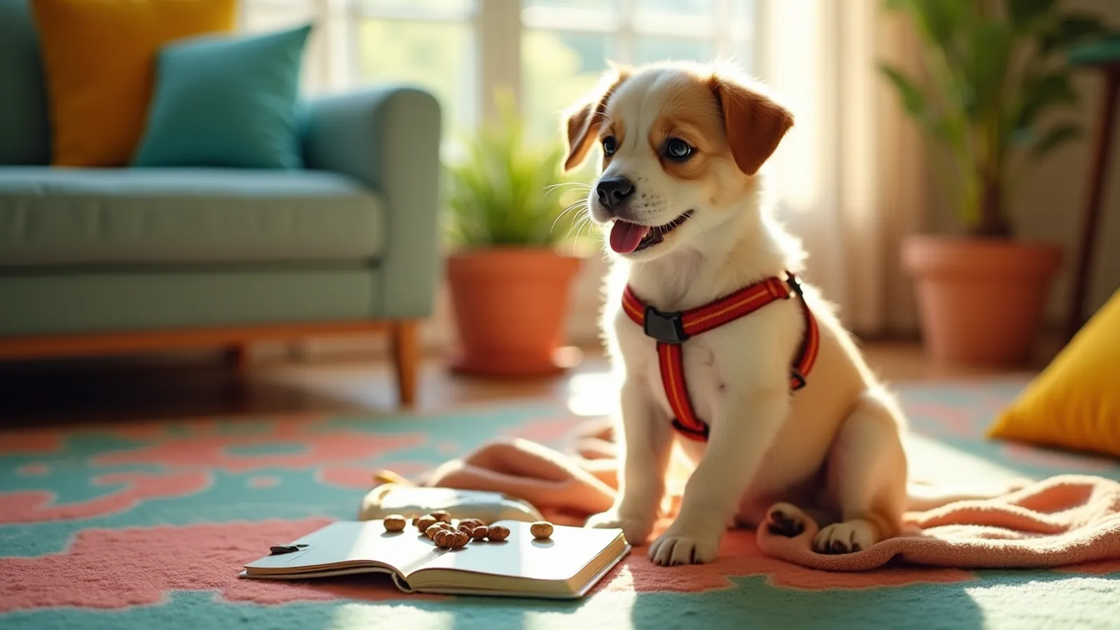 Young puppy sits calmly near notebook and treats during puppy socialization checklist.