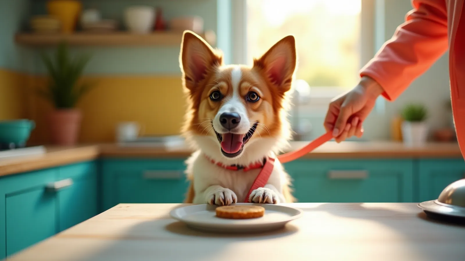Dog on kitchen counter as a hand offers a treat near the floor