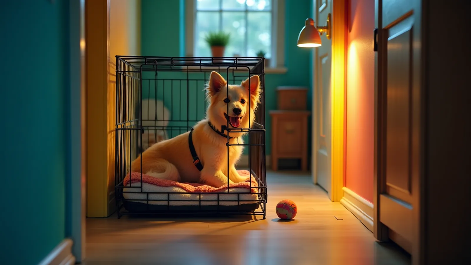 Dim hallway lamp illuminating a wire crate, blanket, water bowl and resting hand