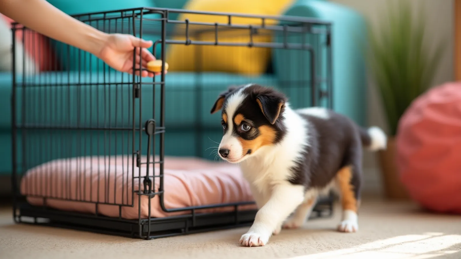 A tri-color puppy walks toward an open crate as a hand places a treat just inside