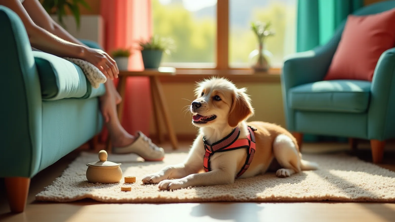 A dog settles on a mat beside a desk while hands place a treat, illustrating demand barking training.