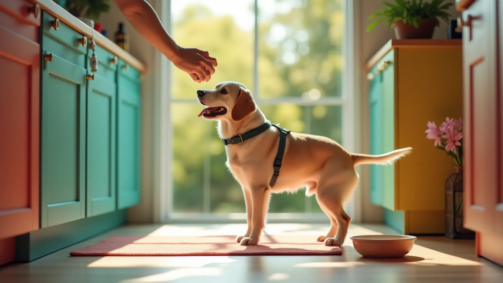 Hand moving a plain food bowl to a quieter kitchen corner for a rescue dog
