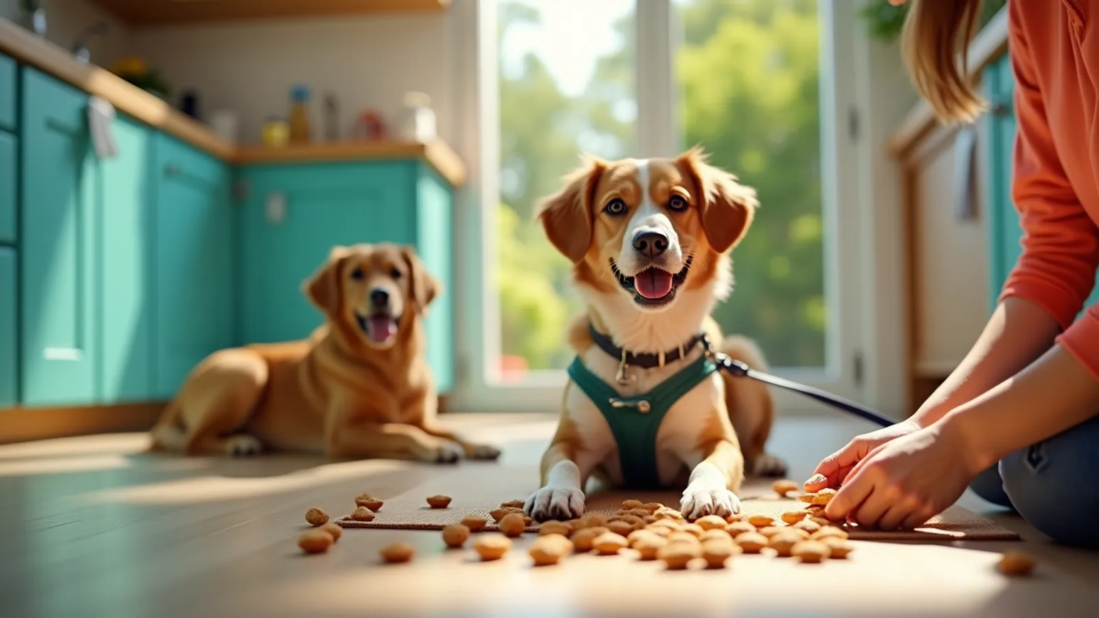 Two dogs resting on a kitchen mat below clear countertops during dog counter surfing training