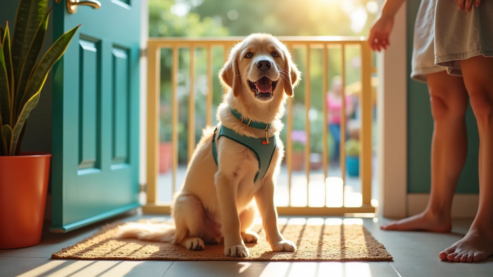Calm dog barking at doorbell training setup: entryway mat, treat pouch, closed baby gate