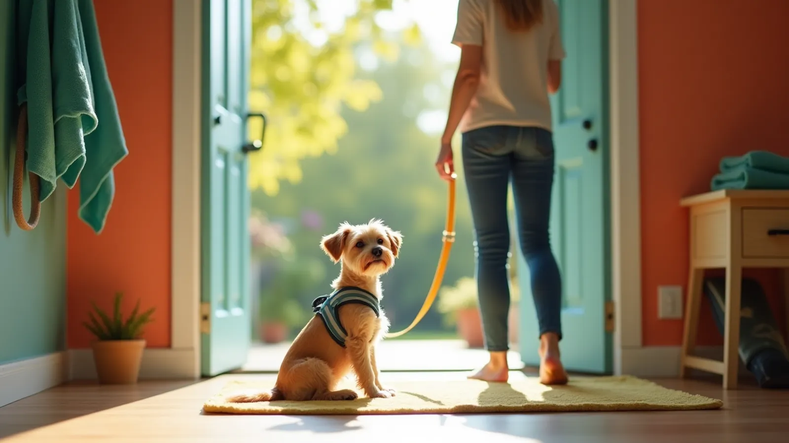 A dog waits on a mat by the door; calm greetings reduce dog peeing when excited