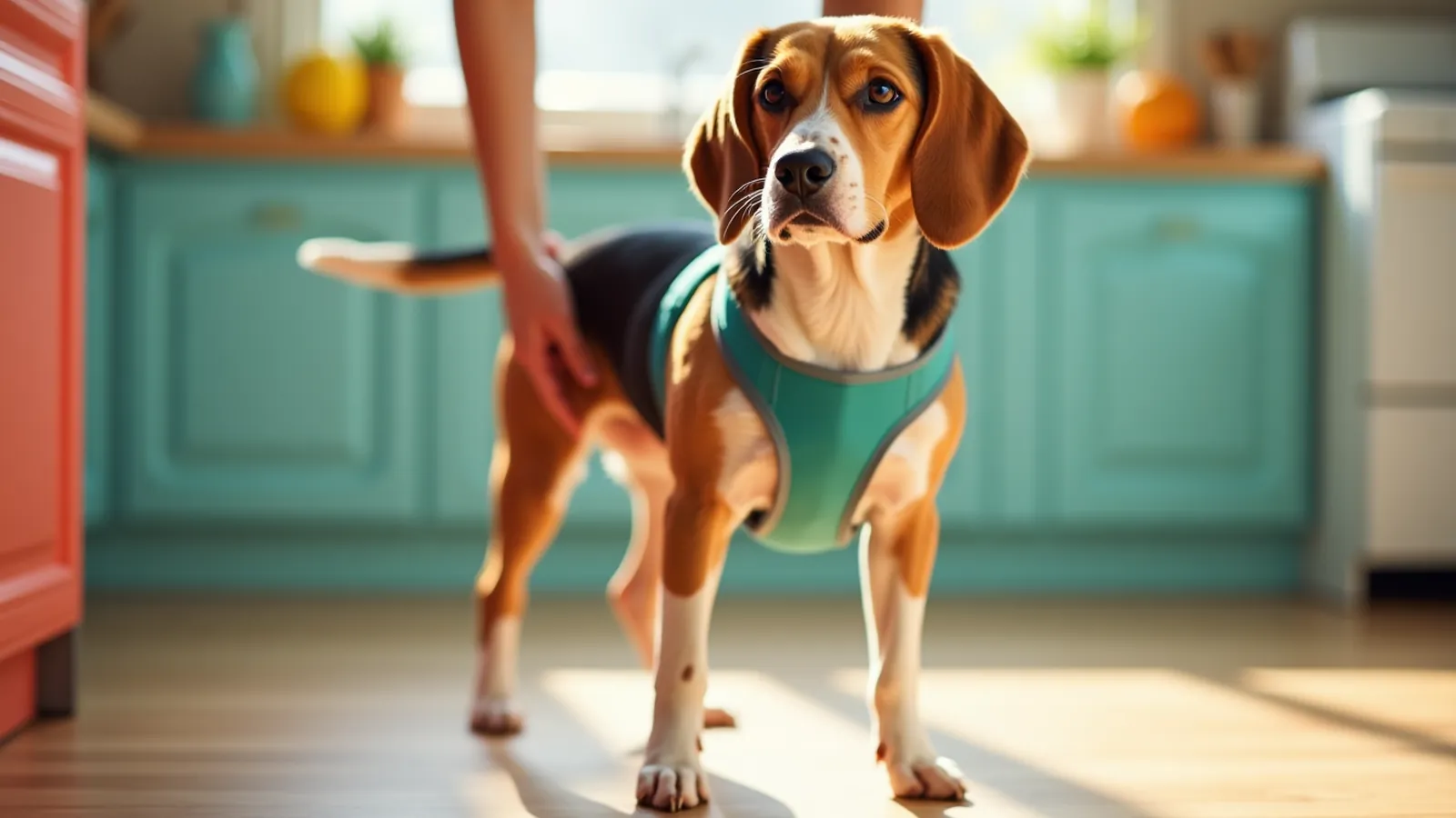 A beagle in a teal harness stands on a kitchen floor while a hand checks how the straps sit