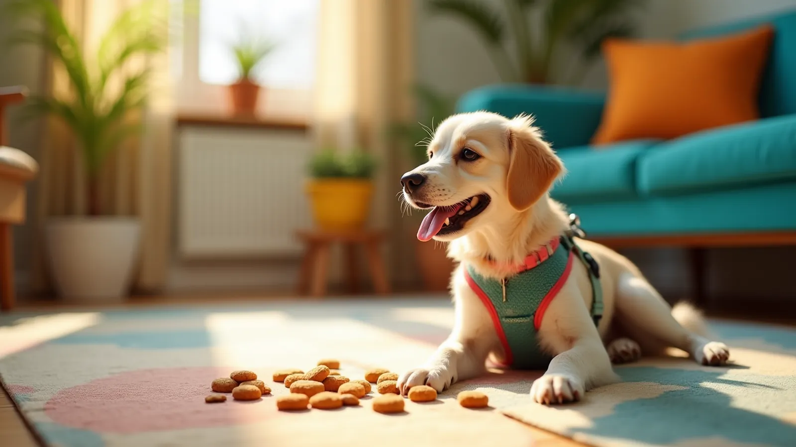 A dog harness training session begins calmly with gear resting on a living-room rug.