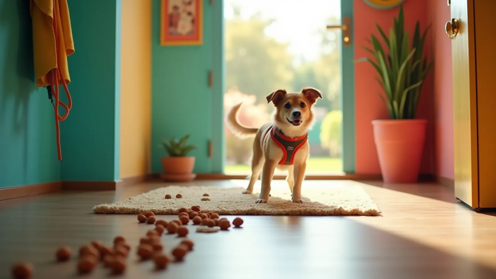 A harness rests on a hallway rug with treats leading toward an open door.