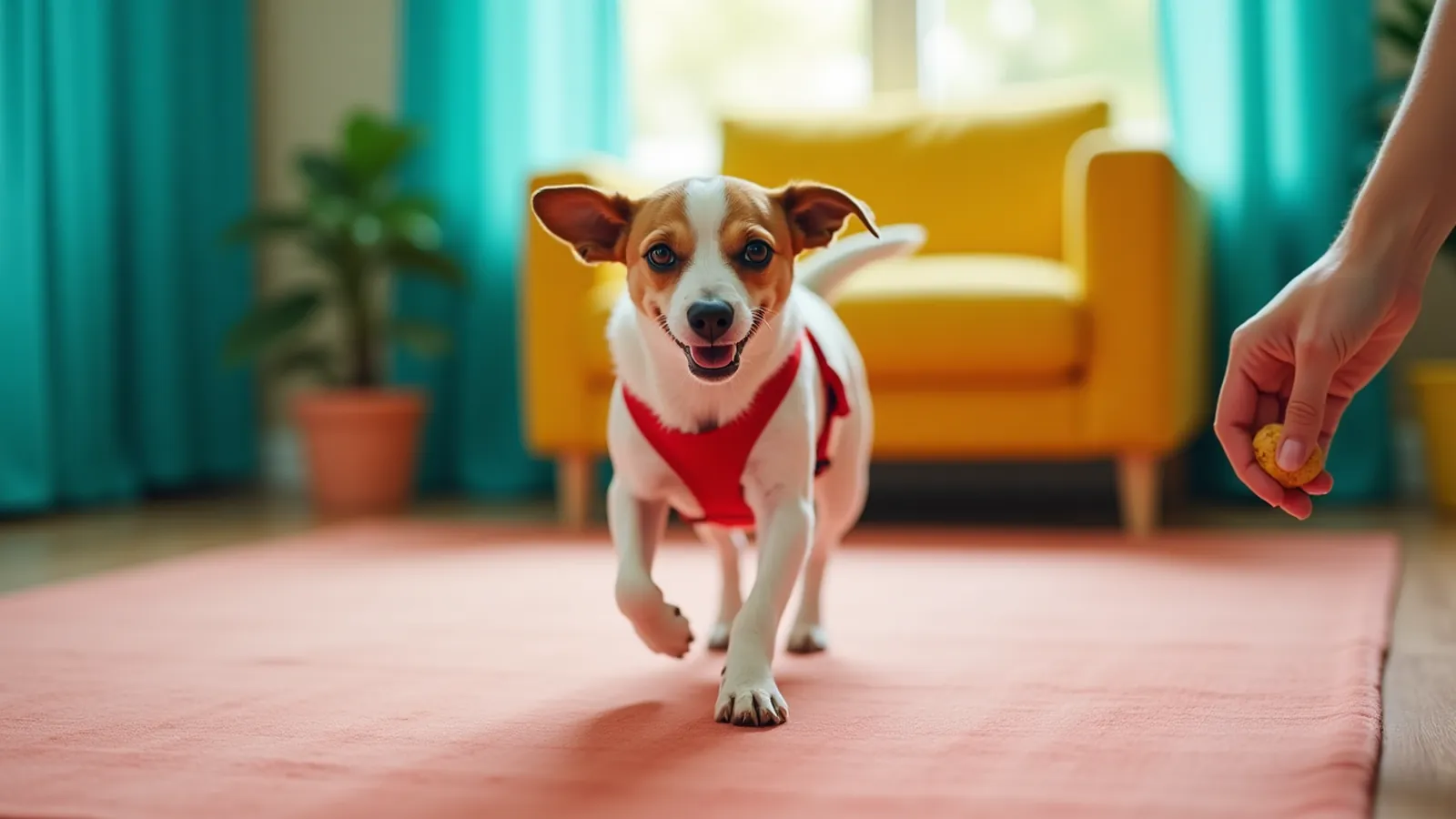 Dog recall training in a living room: a terrier mix in a red harness trots toward a hand holding a treat