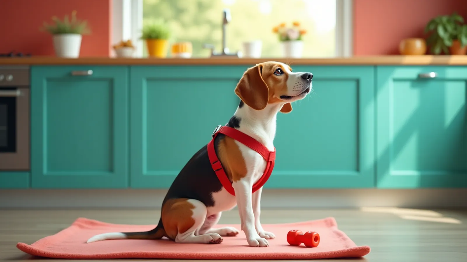 A calm beagle in a red harness sits on a mat in a sunny kitchen beside a chew toy