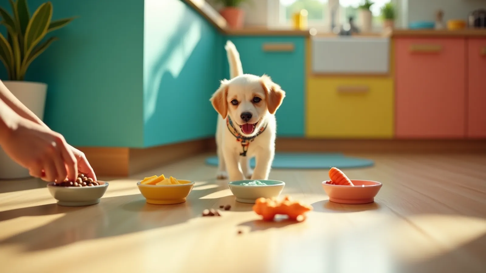 Hands arranging small dishes of kibble, cheese, carrot and toy for dog treat test
