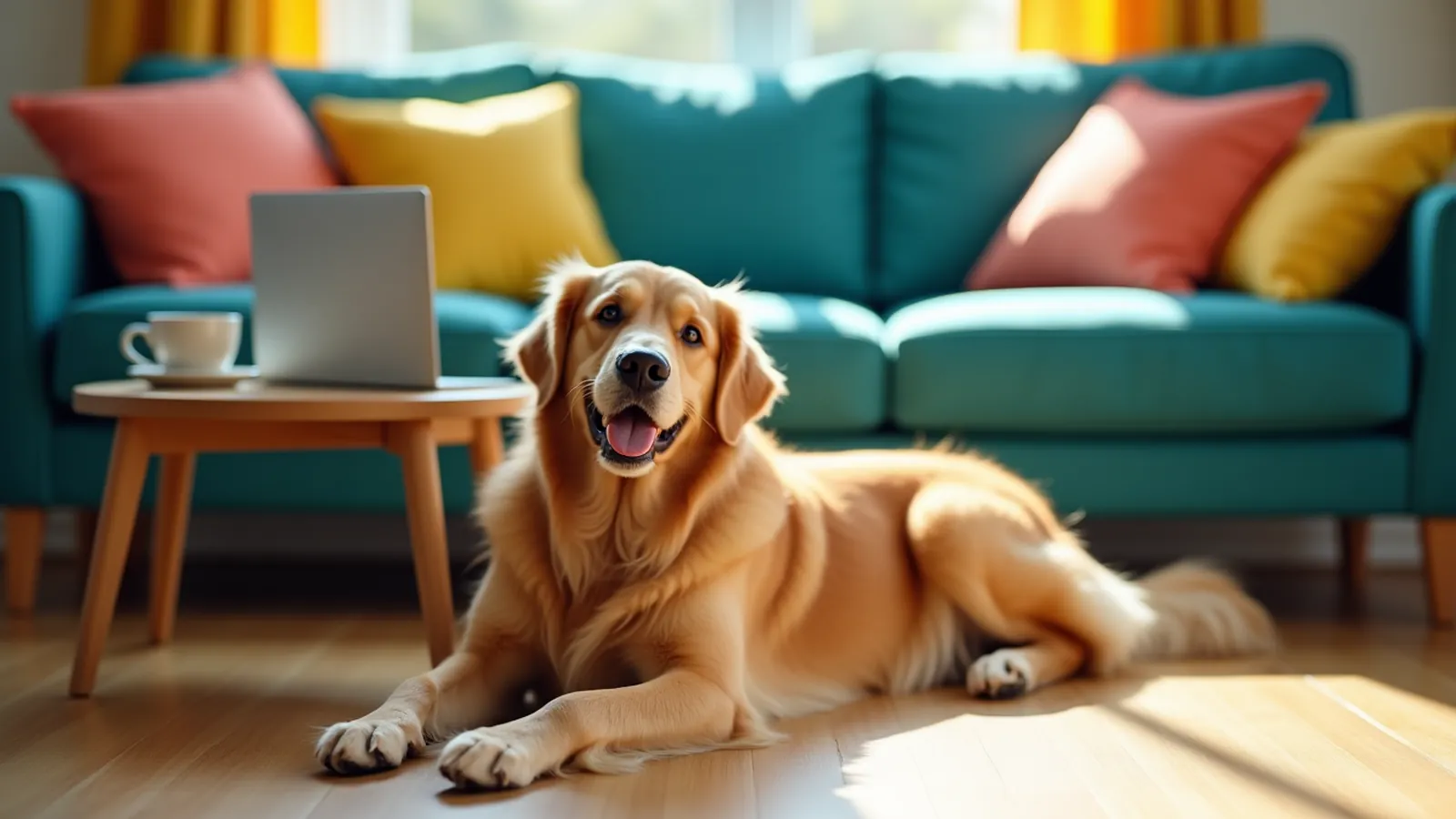 Doggy Dan review: a golden retriever lies on the floor beside a table with a laptop and a cup of tea