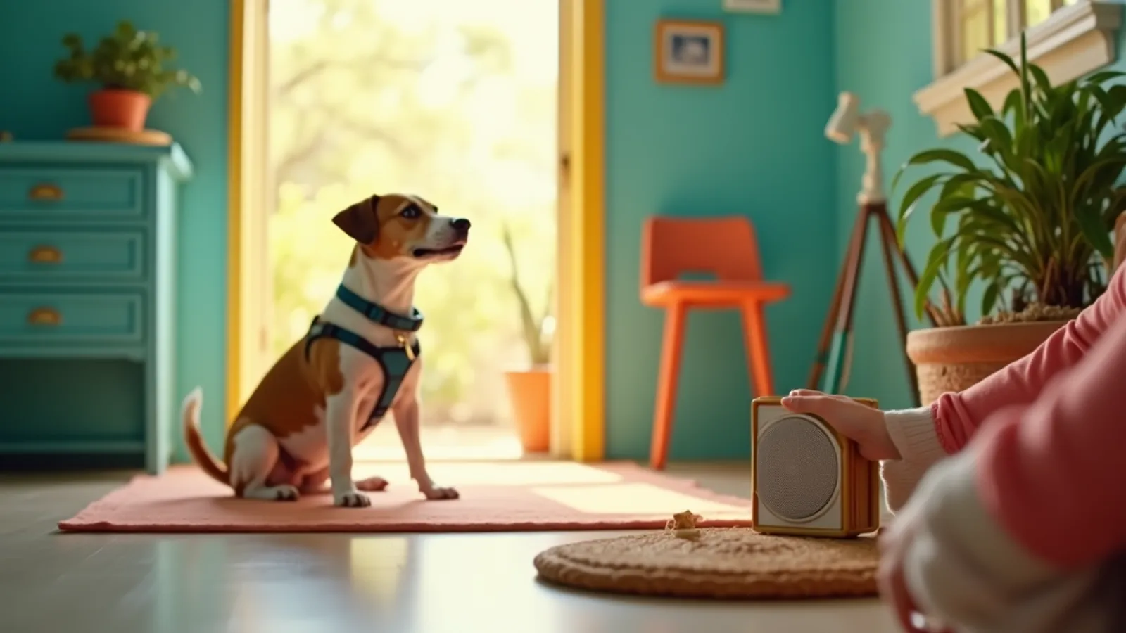 Small speaker on a table plays a doorbell sound as a dog gets treats nearby.