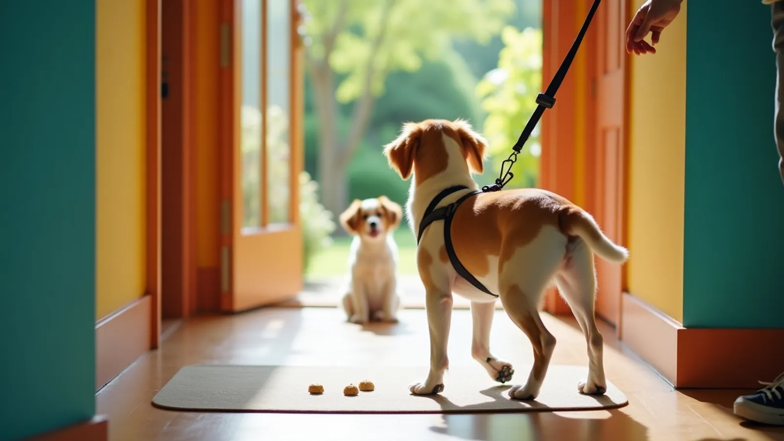 Hands tossing treats onto a mat near a closed door while a dog watches from behind