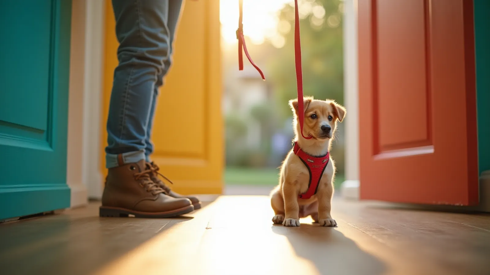 A hand takes a leash from a hook as a puppy waits by the door.