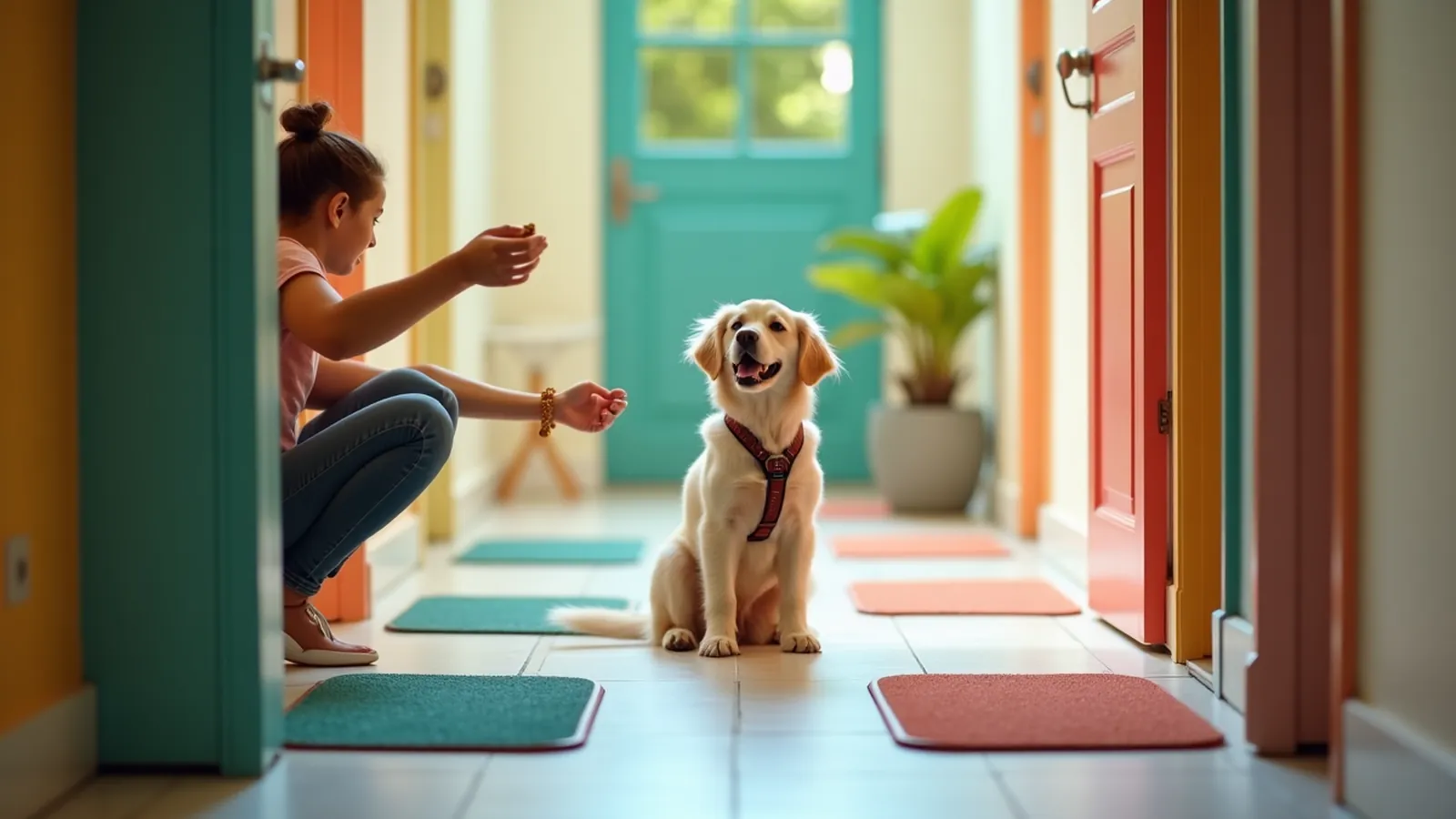 Mats spaced down a hallway with a dog waiting far from a person's hand