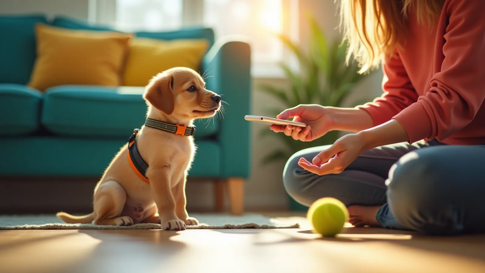 Hands reward a puppy with kibble on a living room floor during free training.