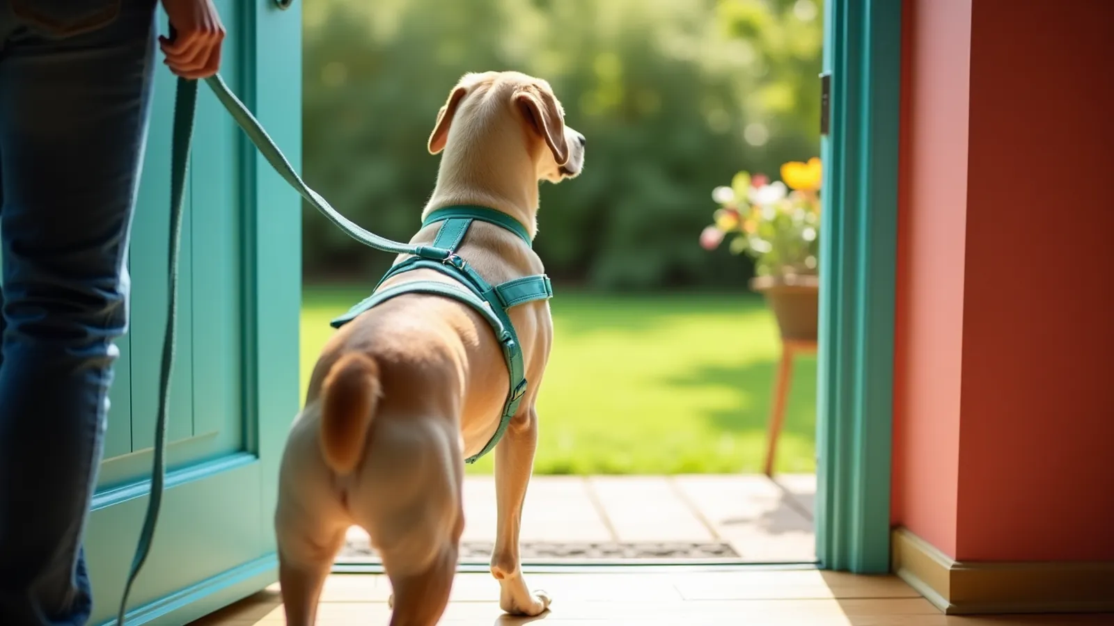 A yellow labrador on a slack leash looks out of an open back door at the garden