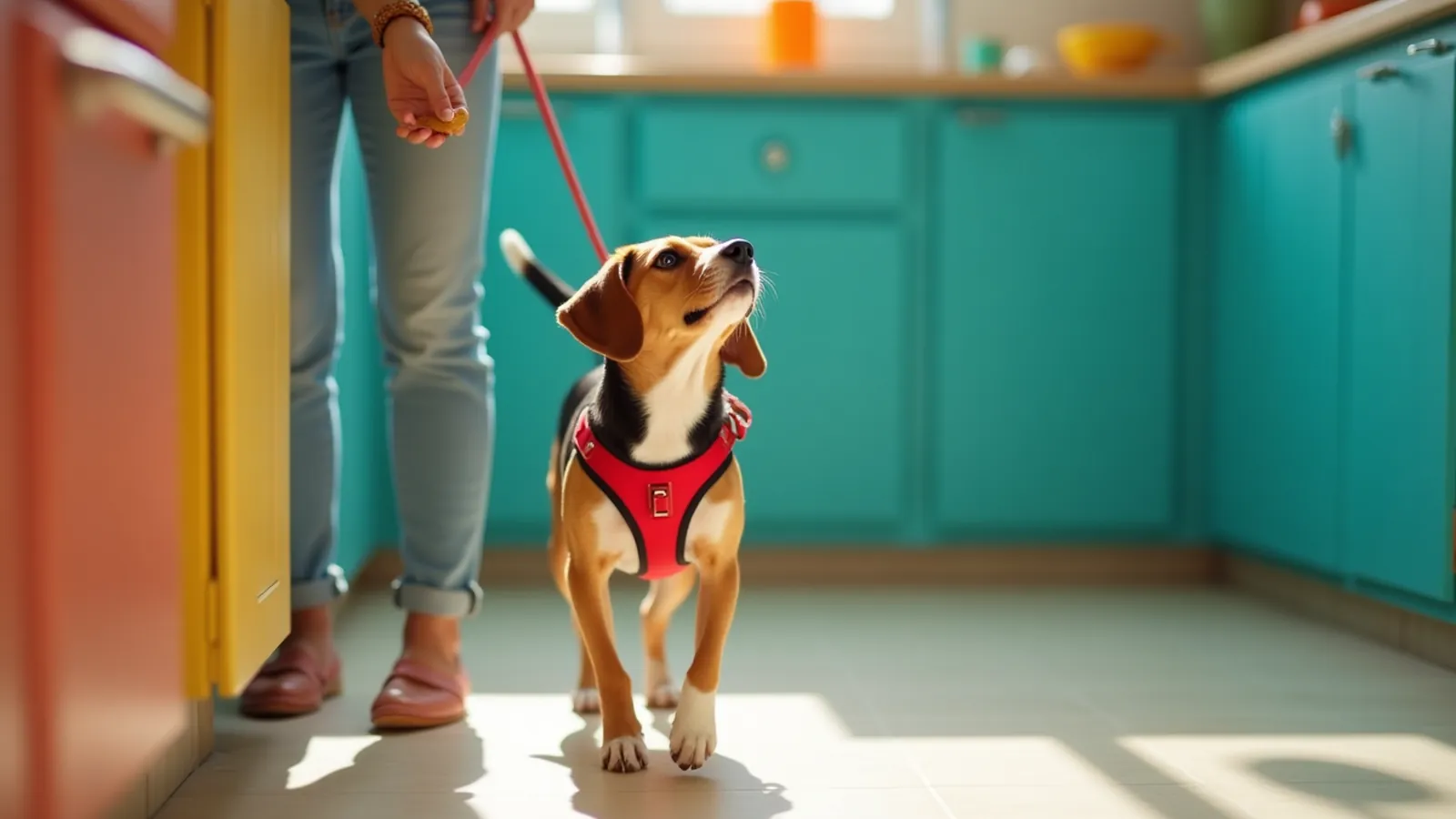 A beagle mix in a red harness walks beside its owner in the kitchen on a slack leash, looking up at a treat