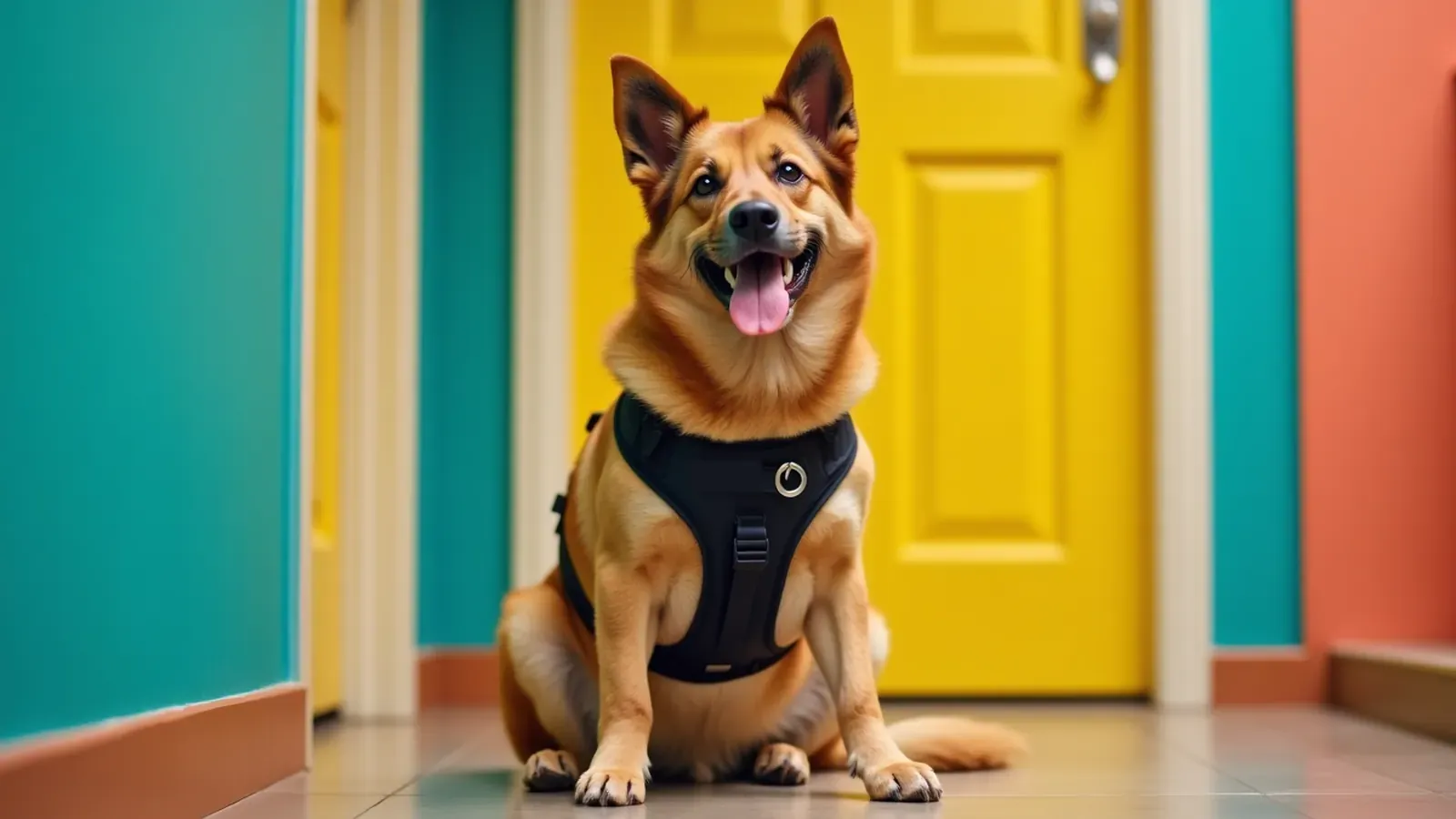 A smiling shepherd mix sits in a hallway wearing a black front-clip harness with a ring at the chest