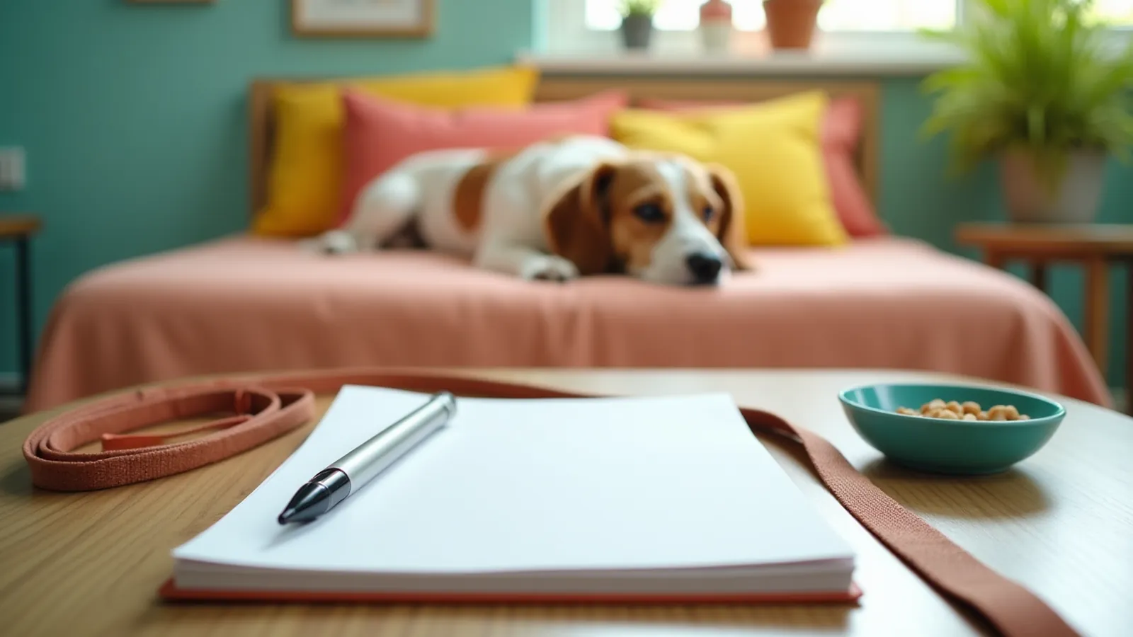 Blank notebook, treats and leash on kitchen table for house training schedule