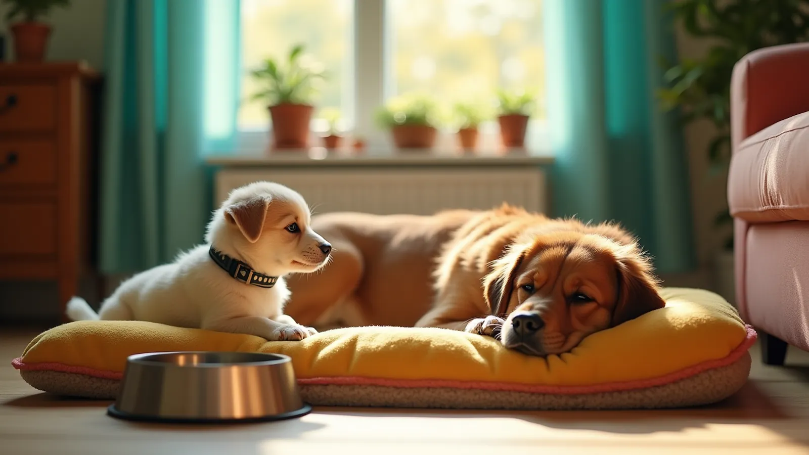 Older rescue dog resting on a bed while a puppy watches from behind a low pen