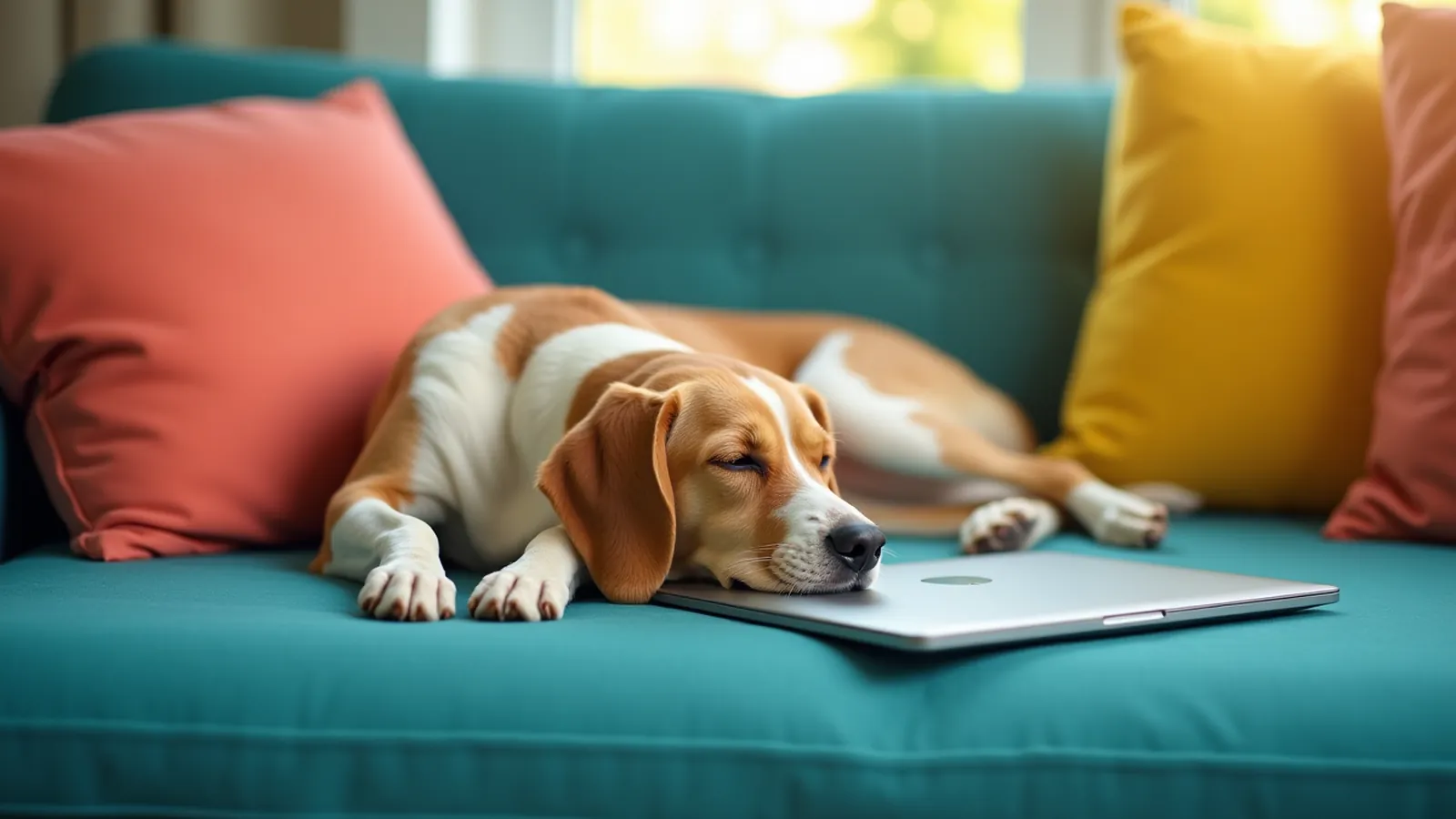 A beagle asleep on a teal sofa with its head resting on a closed laptop