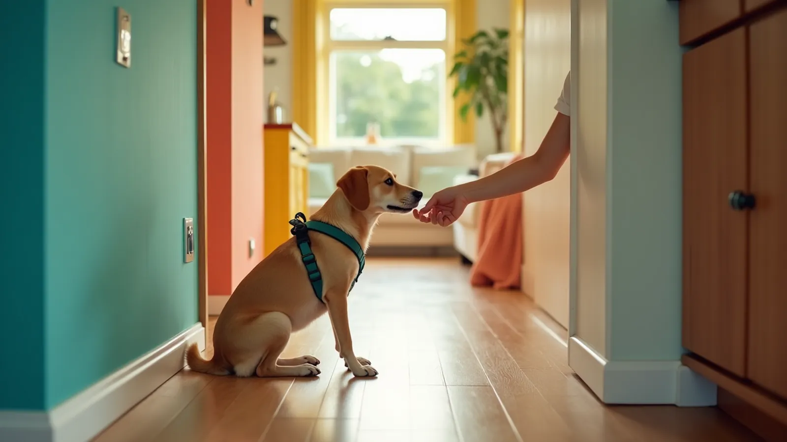 A dog sits at a kitchen threshold during a proofing session, treat held nearby.
