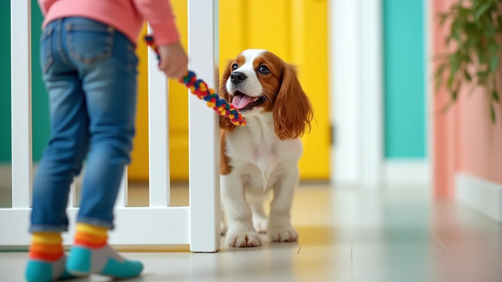 A spaniel puppy behind a stair gate while a child, seen from the knees down, offers a tug toy through the bars