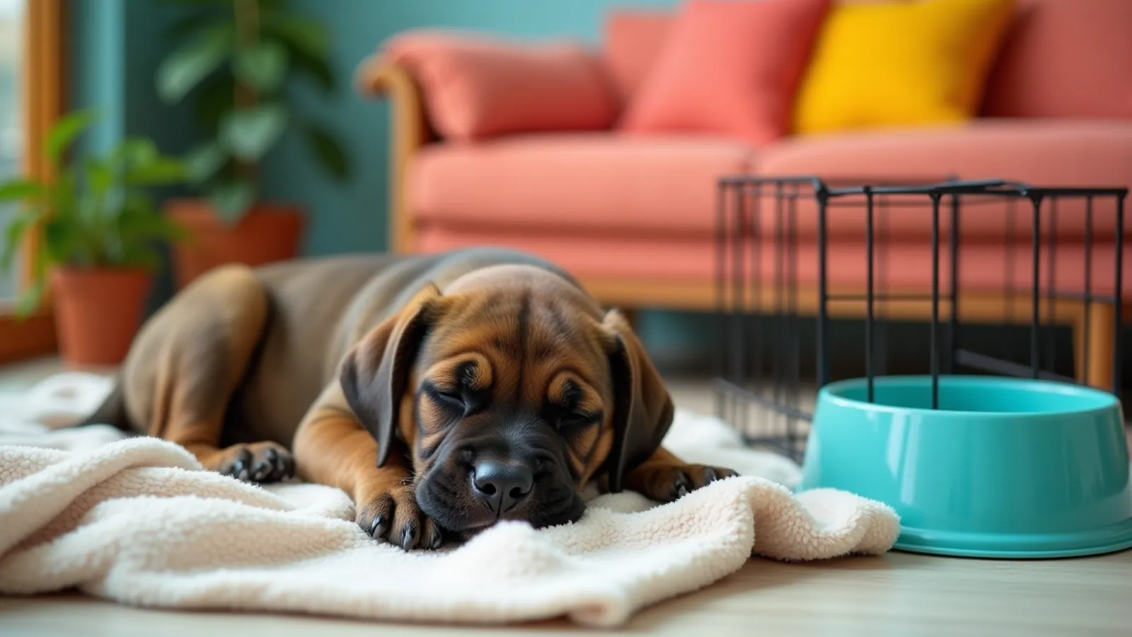 A brindle puppy naps on a blanket beside an open crate and a teal water bowl
