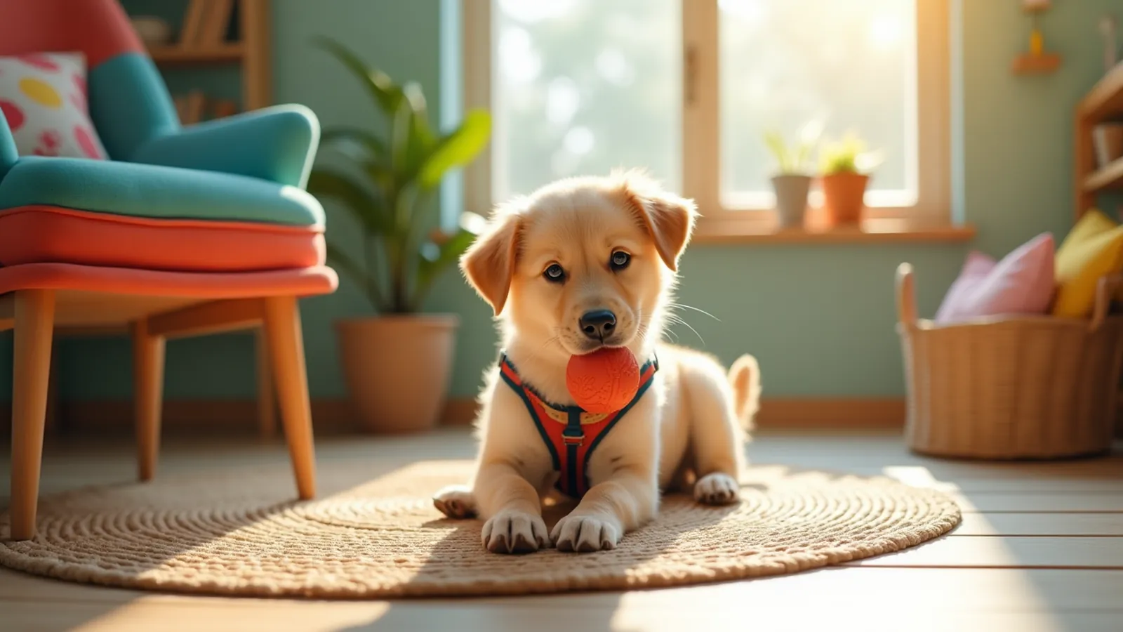 Puppy chewing a rubber toy beside an armchair leg in a bright living room