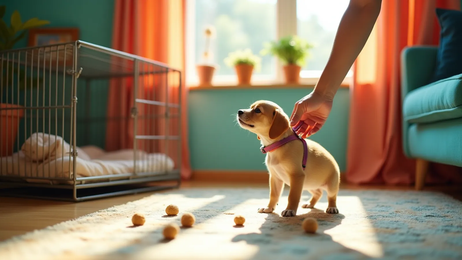 Crate training puppy setup with open crate and treats in a sunny room.