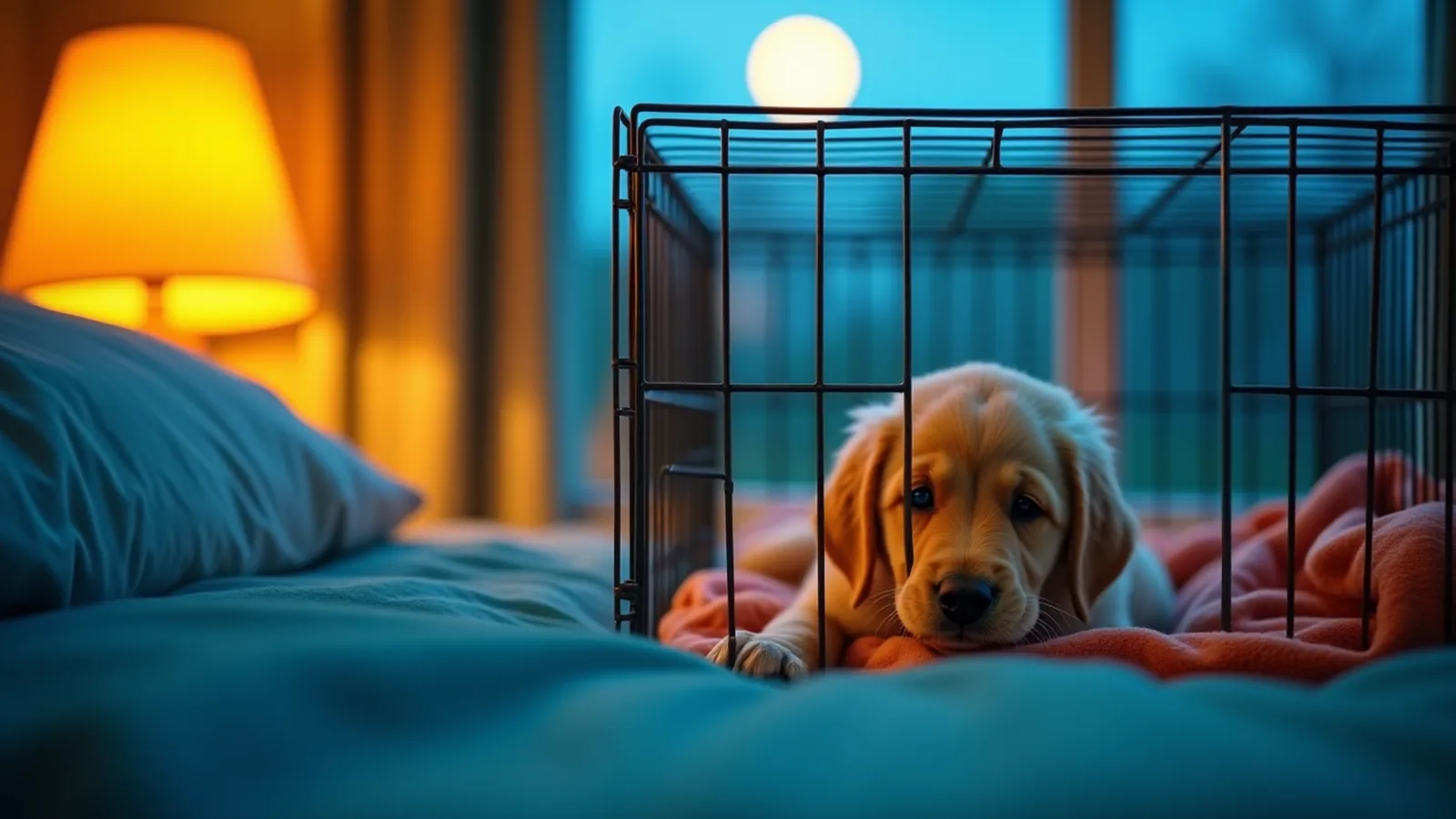 A golden retriever puppy rests in a wire crate beside the bed at night in warm lamplight