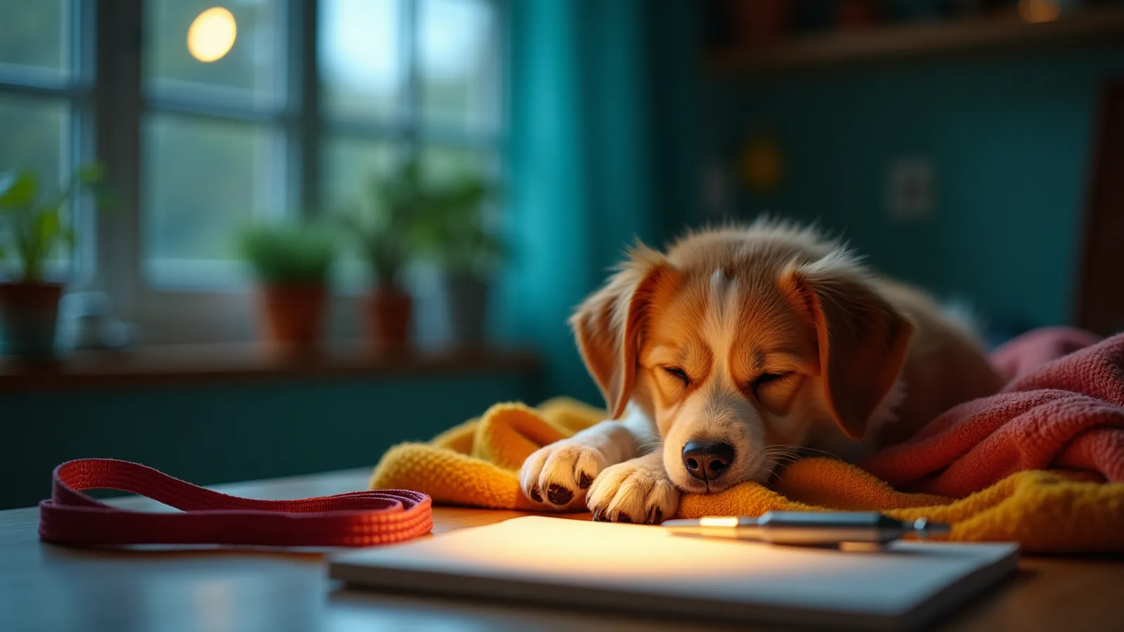 Puppy nighttime potty training setup with crate, leash, flashlight and notebook in dim kitchen