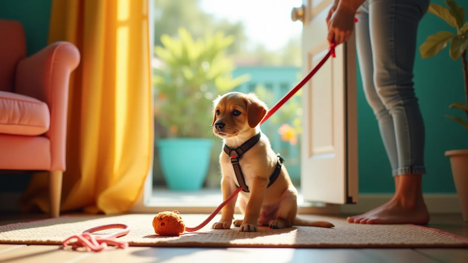 Puppy pees after playing: a small puppy waits by a sunlit back door, leash nearby.