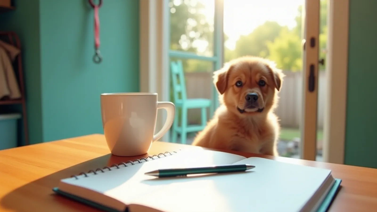 A blank notebook, pen and puppy by the back door for tracking puppy peeing on carpet.