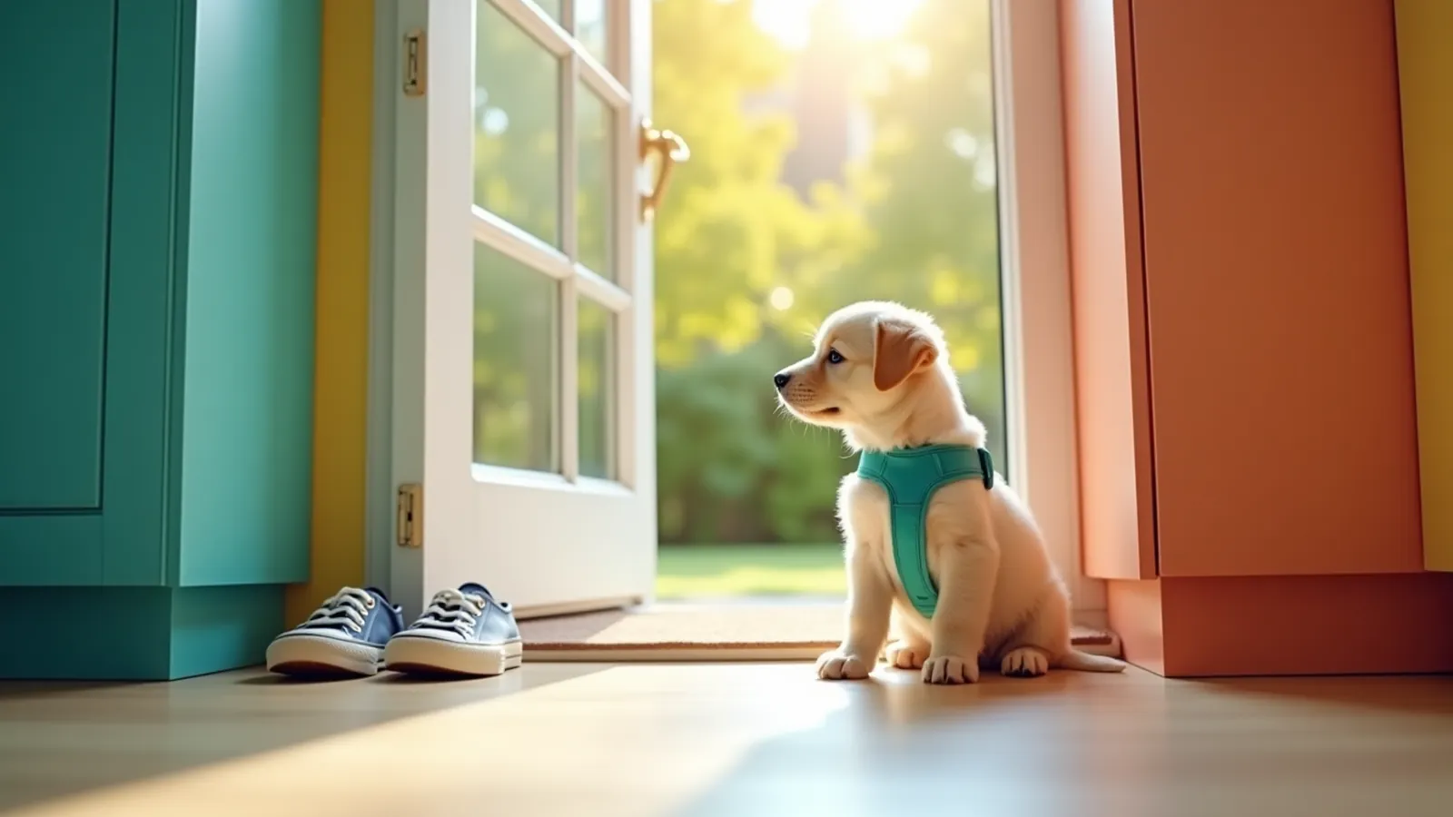 Puppy potty training schedule: a puppy in a teal harness waits by an open back door