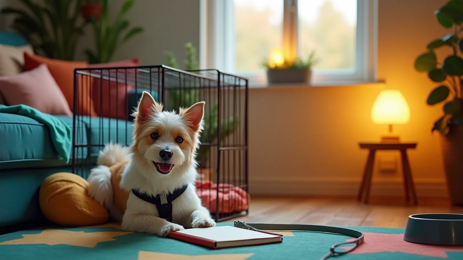 A cozy living room crate setup for a puppy sleep routine at dusk
