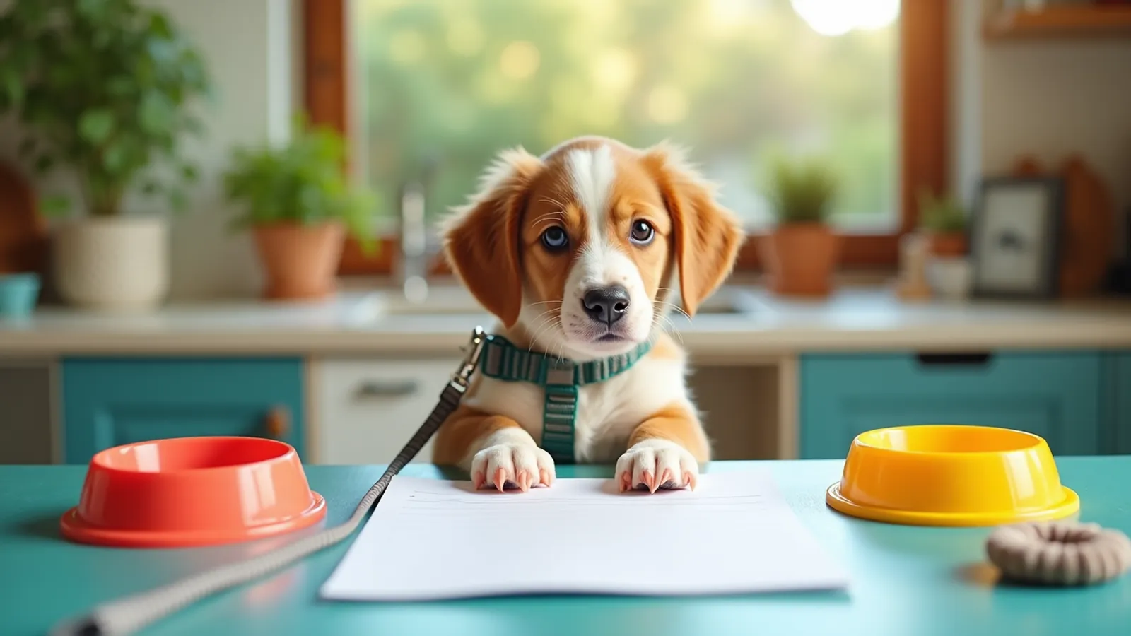 Blank index cards, leash, toy, and treats arranged on a kitchen table.
