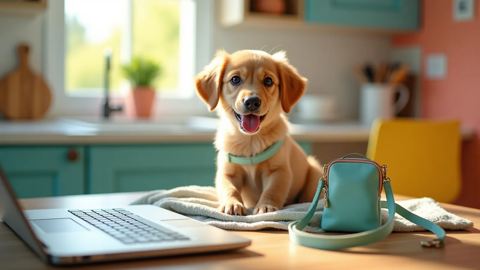A puppy sits by a closed laptop during online puppy training courses at home.