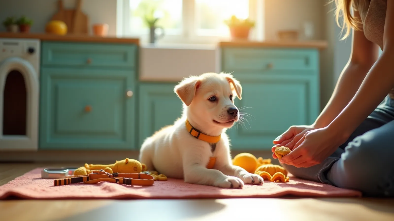 Puppy training starts with a crate, leash and treats in a bright kitchen