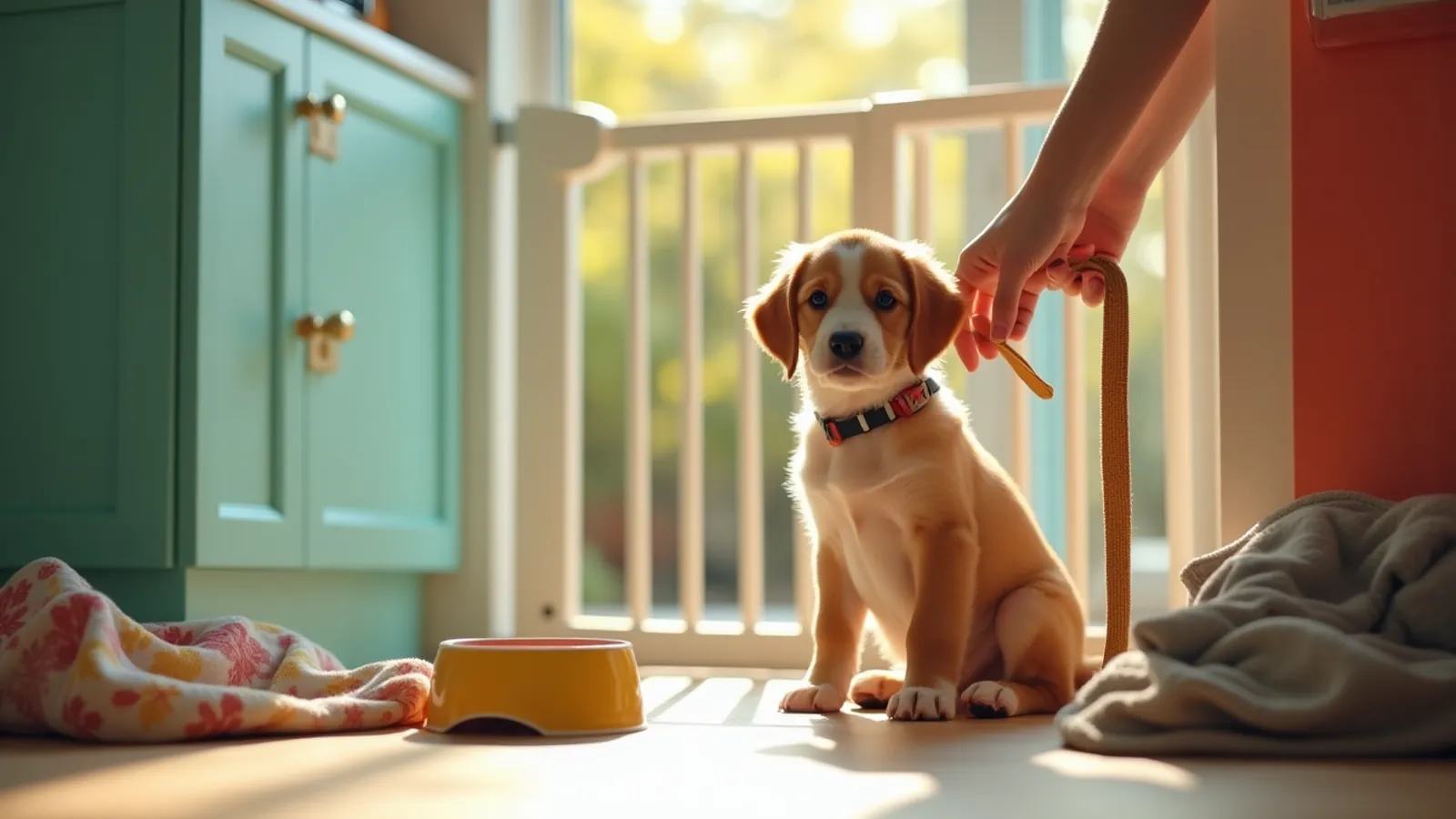 Puppy training setup with a young puppy, blanket, bowl and hands in morning kitchen light