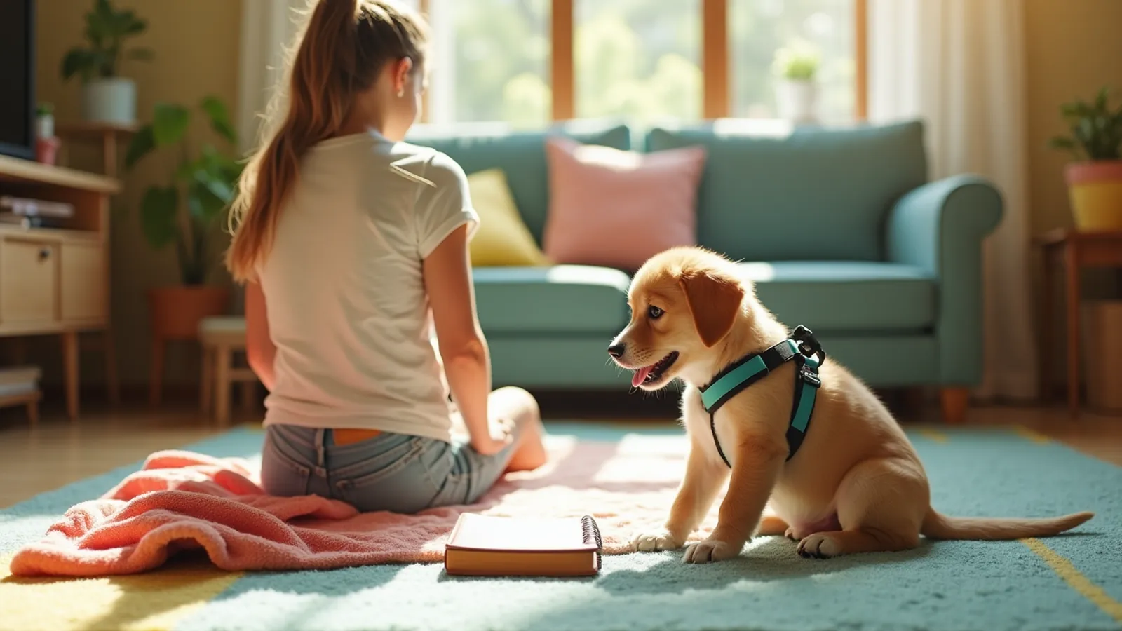 Puppy training setup with adult kneeling beside puppy, treats and notebook in sunlit room