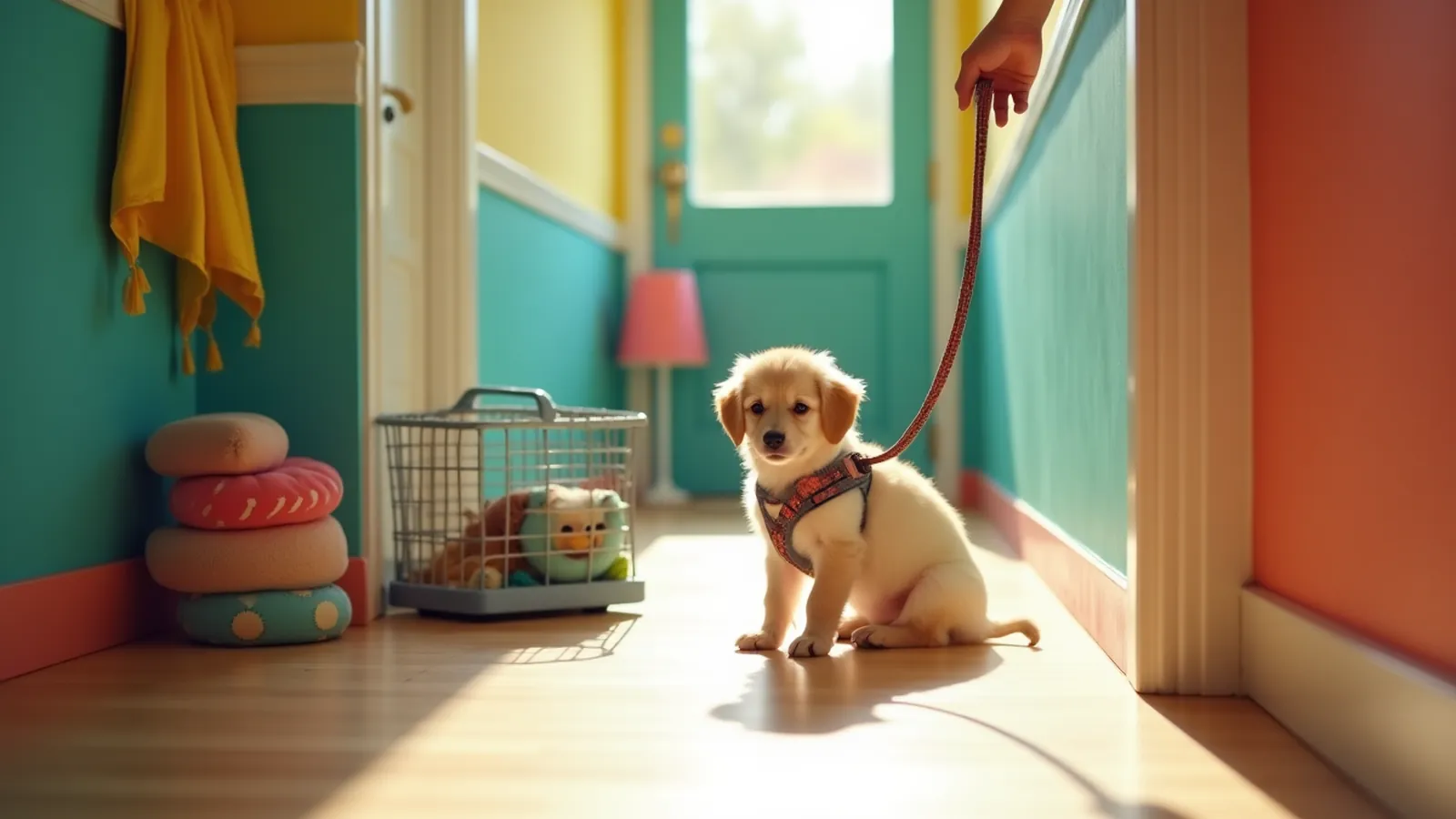 Puppy training stations line a sunny hallway with crate, chew toy, treats and leash