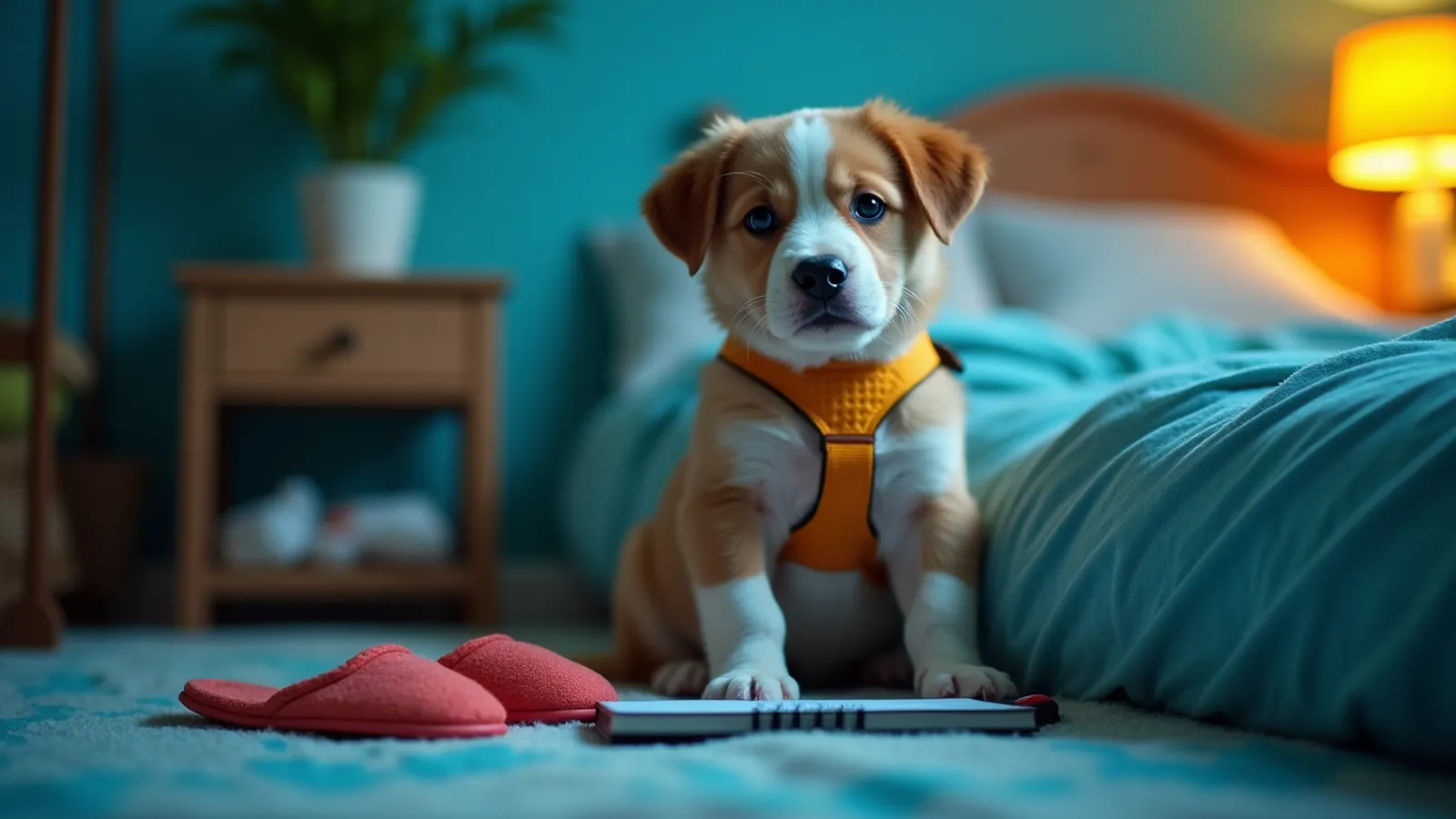 Puppy awake in crate beside bed before sunrise, slippers and notebook nearby