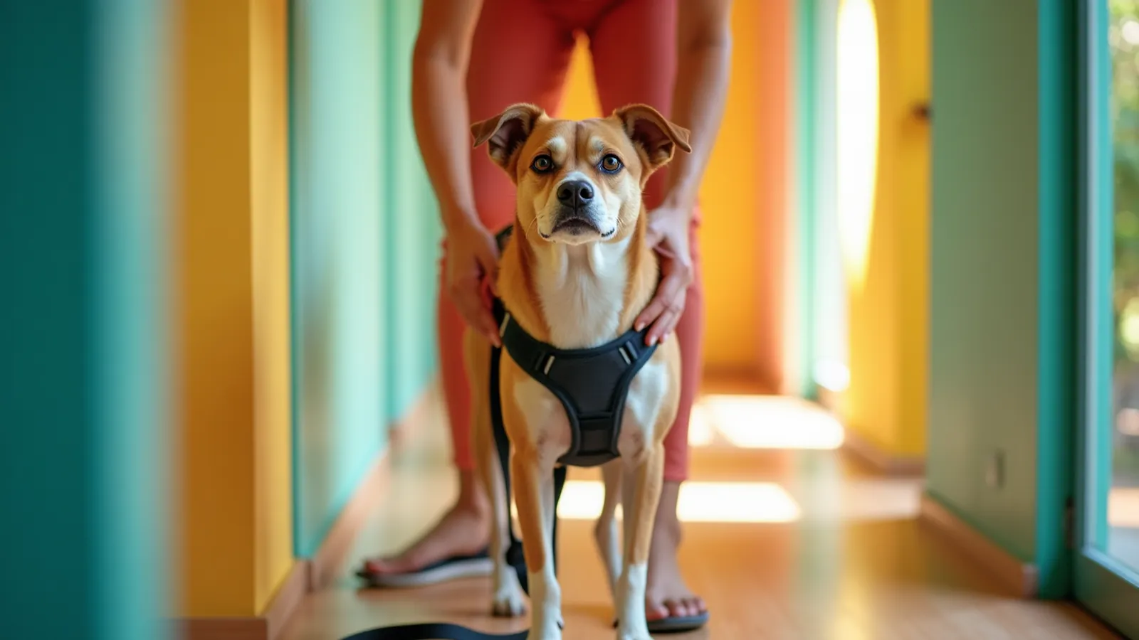 Hands check the fit of a padded harness on a calm standing dog